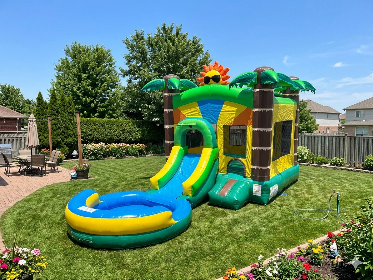 Tropical themed bounce house with slide and splash pool